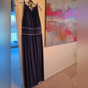 Oleg Cassini Midnight Blue Halter Dress With Rhinestone Waist